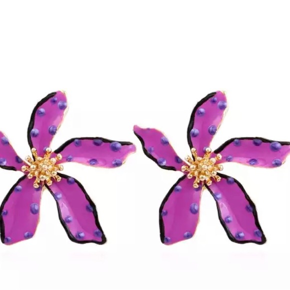 New Flower Power Polka Dot Purple Large Enamel Statement Earrings - Picture 3 of 16